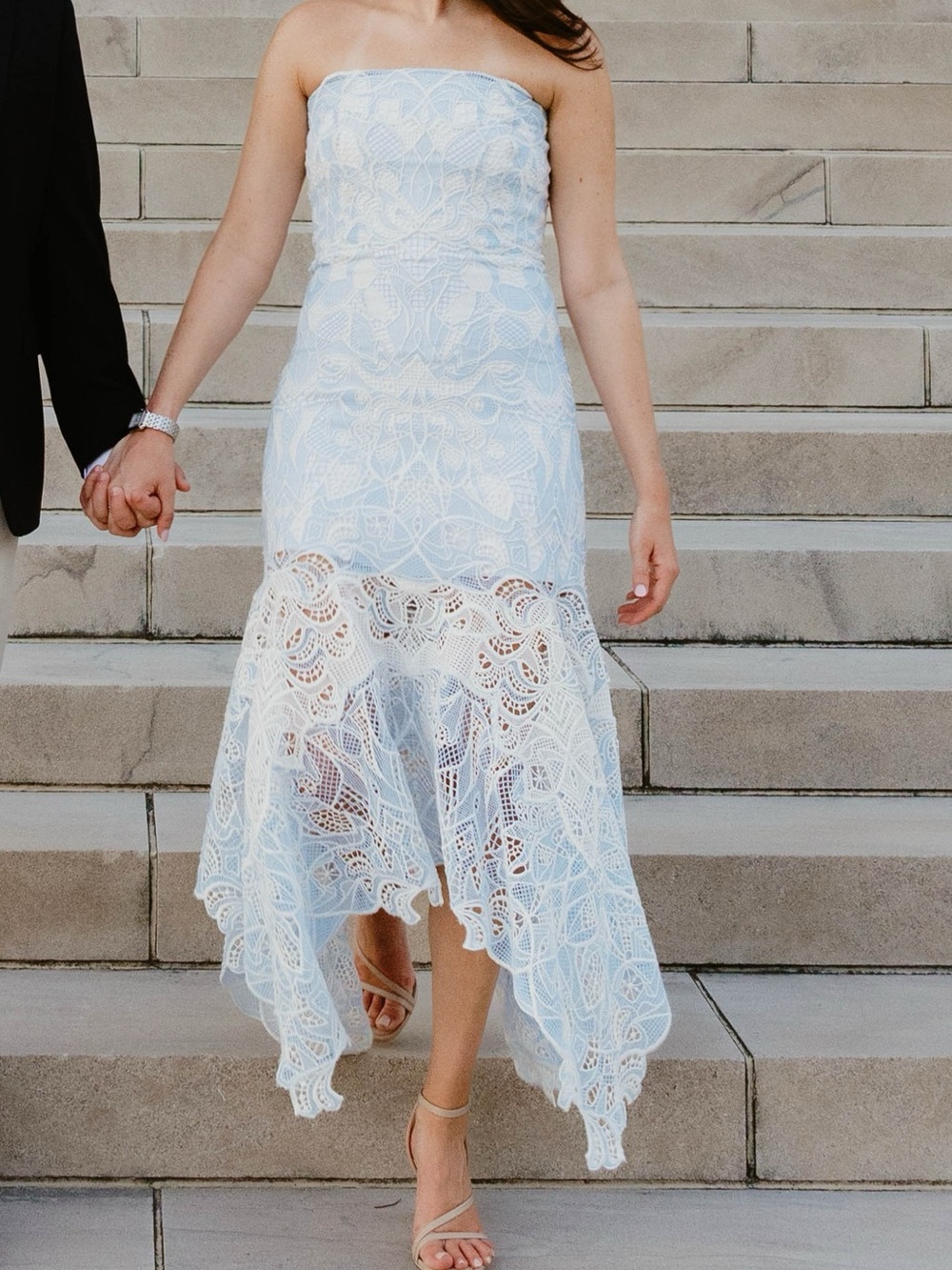 Jonathan Simkhai Light Blue and White Strapless Lace Midi Dress